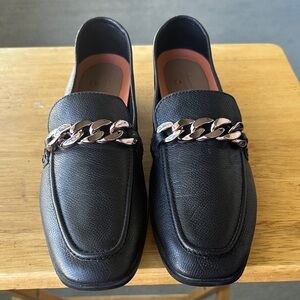 Clarks Black Leather Loafers with Chain Accent